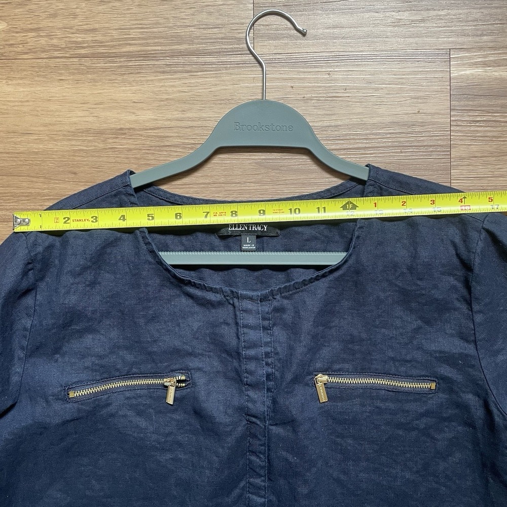 Ellen Tracy Linen Roll Tab Sleeve Navy Blue Women's Tunic Blouse Size L Coastal - Picture 4 of 10